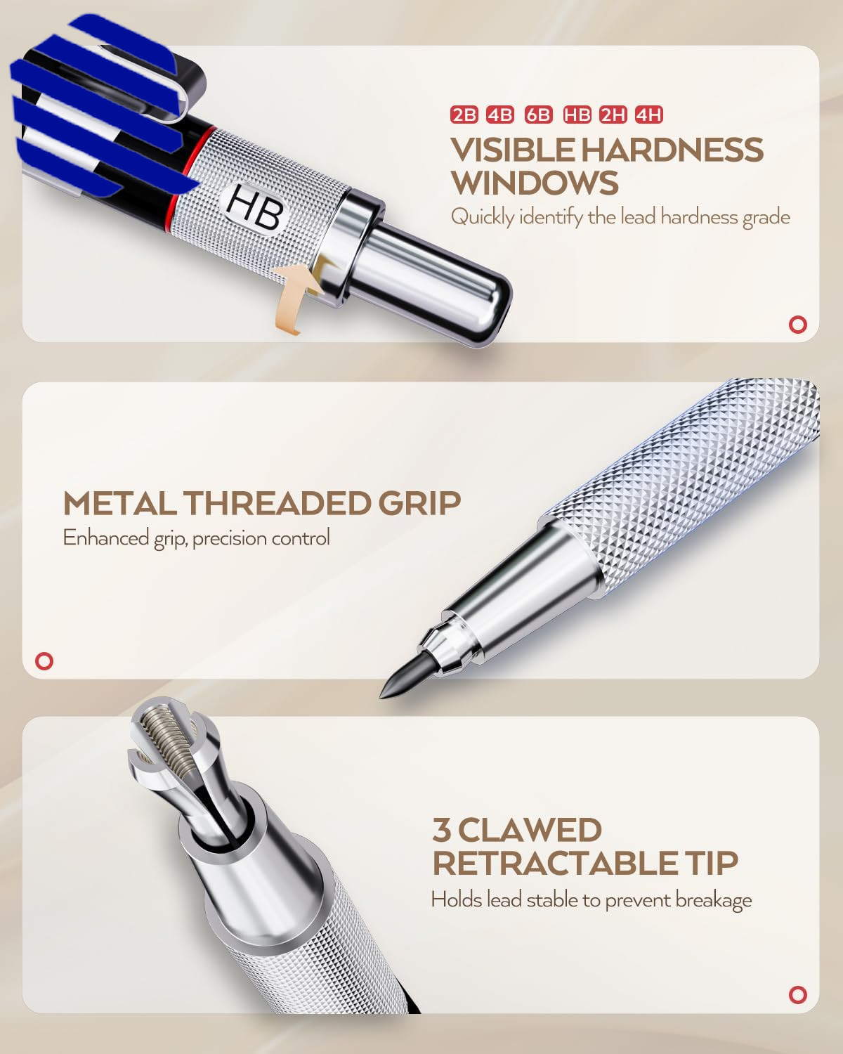 Art Mechanical Pencil Set 3 PCS Metal Drafting Pencil 0.5 mm & 0.7 mm & 0.9 35PC