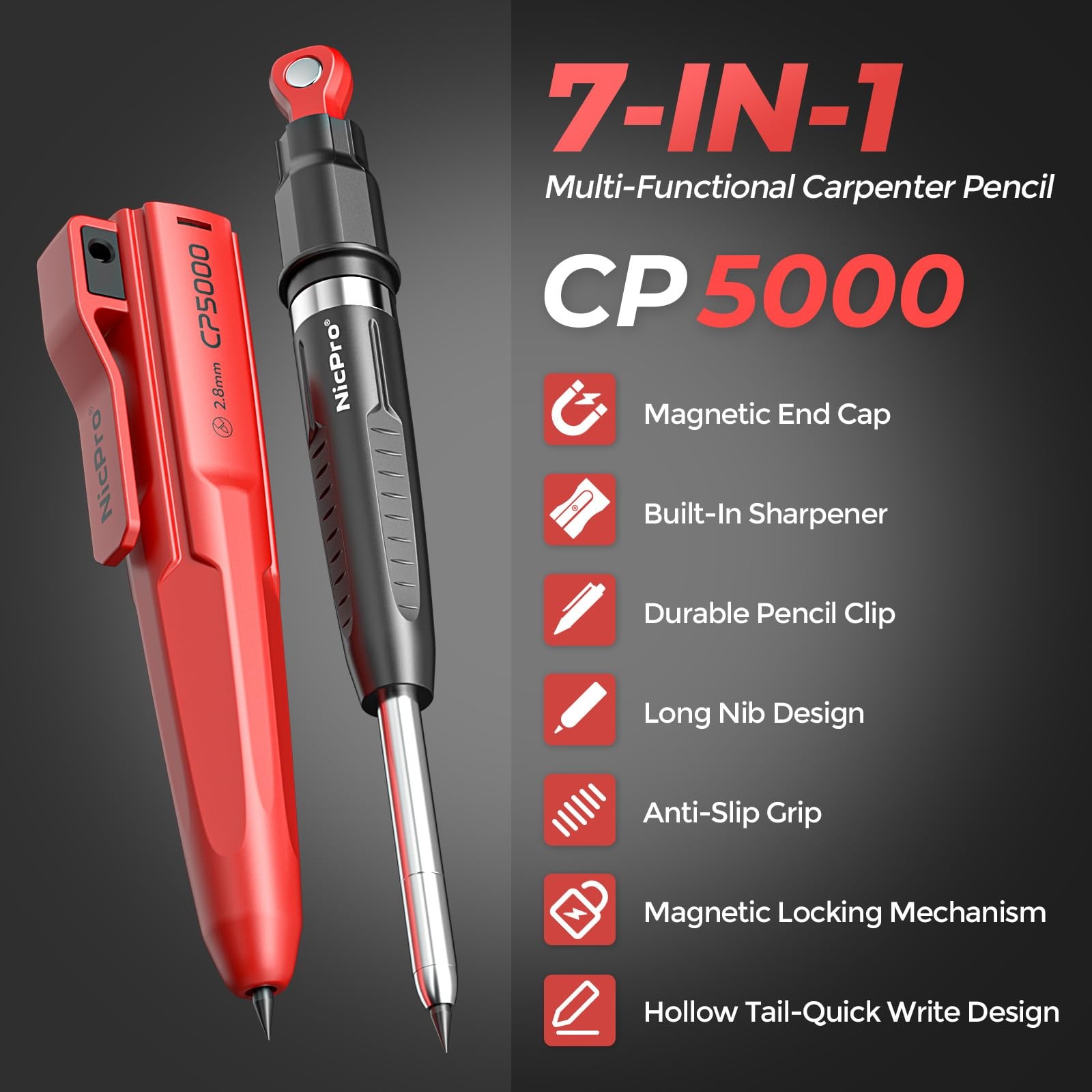 Nicpro CP5000 Magnetic Carpenter Pencils with Sharpener, 2.8mm Construction P…