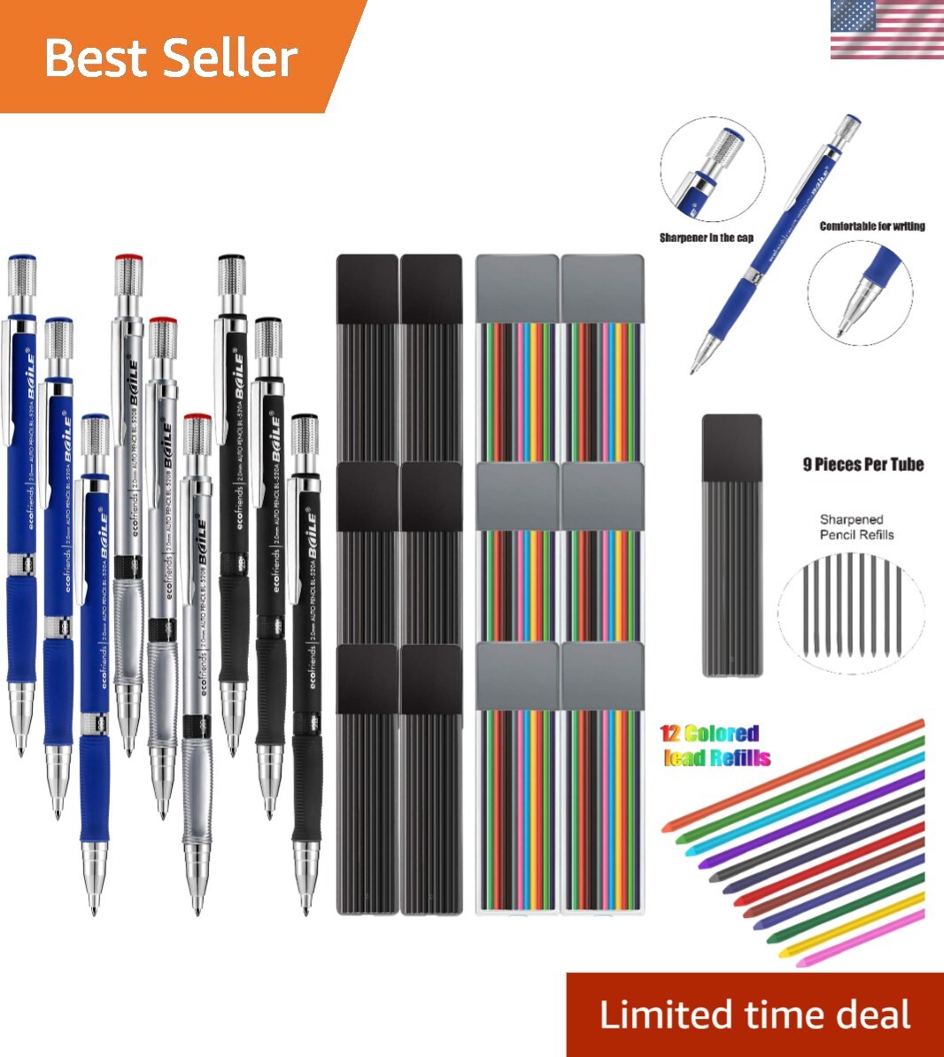 Versatile 2.0mm Mechanical Pencil Set – 9 Pencils & 54 Black, 72 Colored Refills