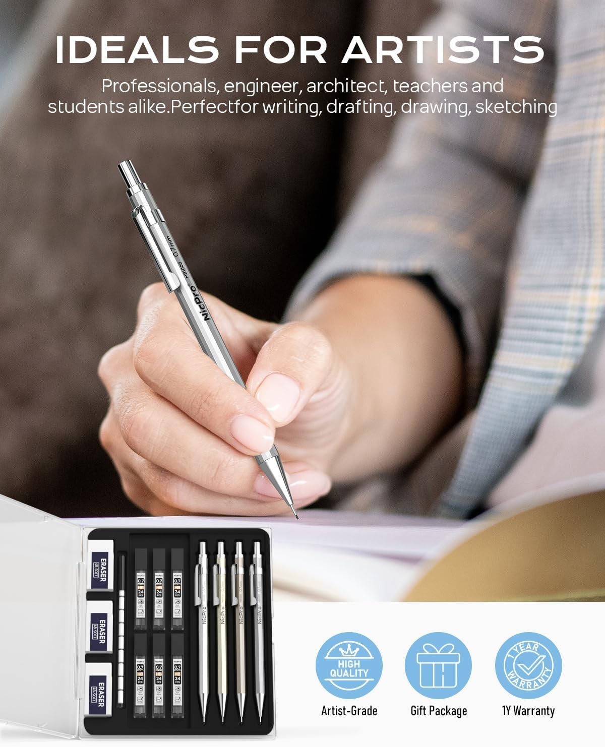 4 Pack Mechanical Pencil 0.7mm with Case, MB1000 Metal Mechanical Pencil Set …