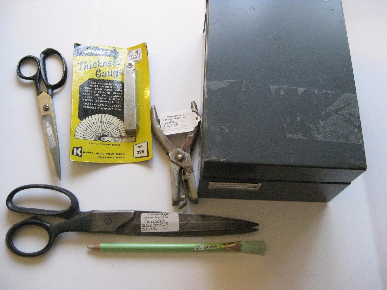 vintage lot of office supplies school scissors old hole punch file metal desk
