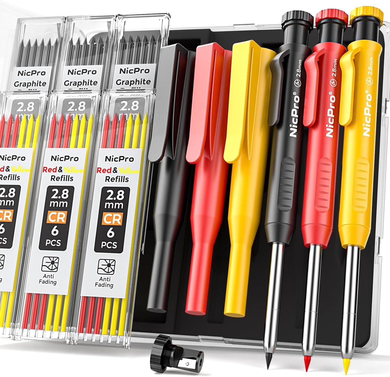 3 Pack Mechanical Carpenter Pencils with 39 Refills (Red, Black, Yellow) & Heavy