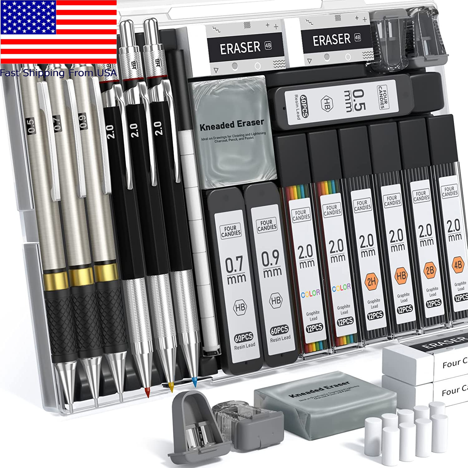 6 PCS Art Mechanical Pencils Set Metal Artist Drafting Pencil 0.2, 0.5 , 0.7,0.9
