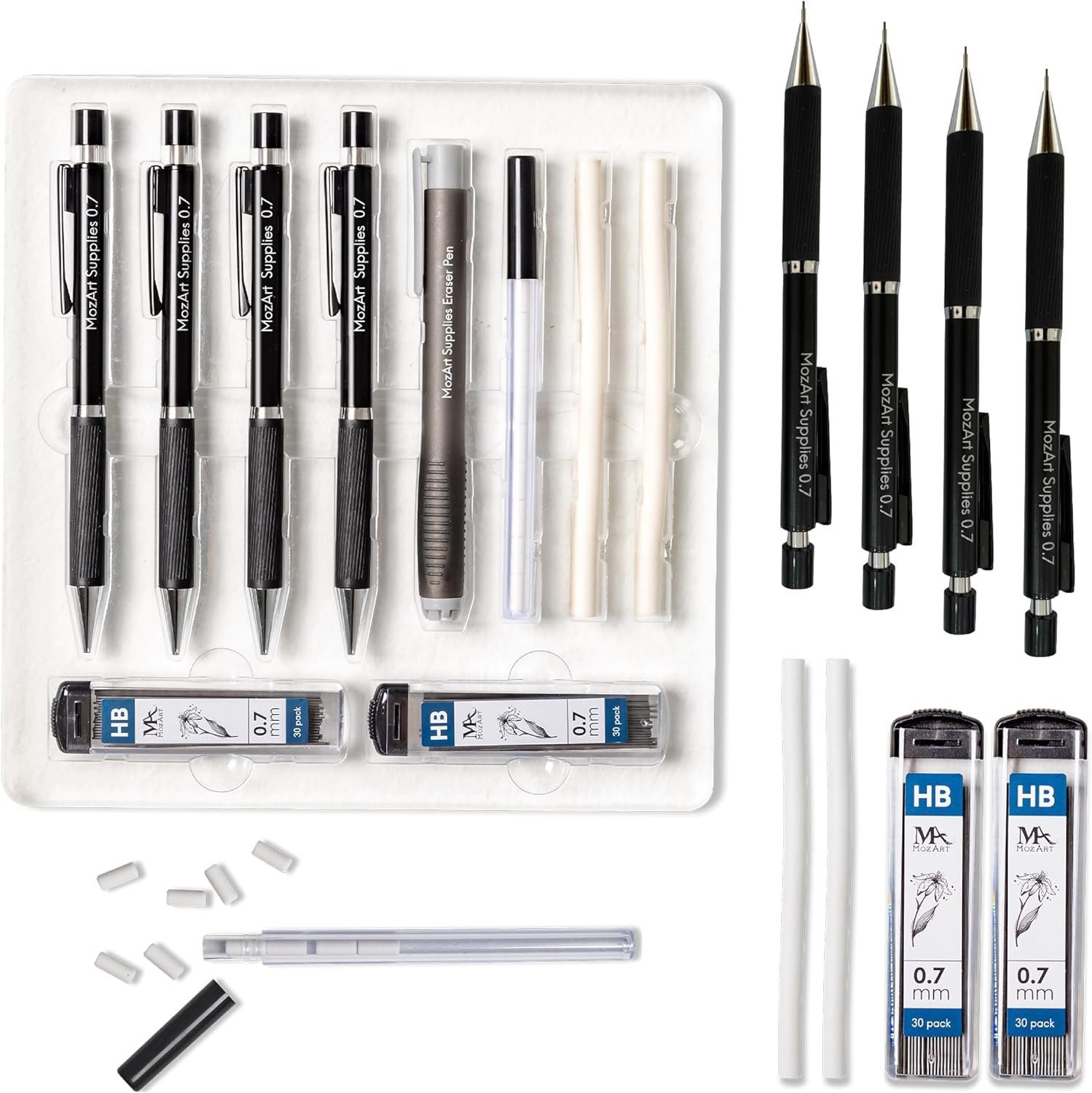 MozArt Mechanical Pencil 0.7mm Set with Case – With 2 x 30 HB Lead Refills, E…