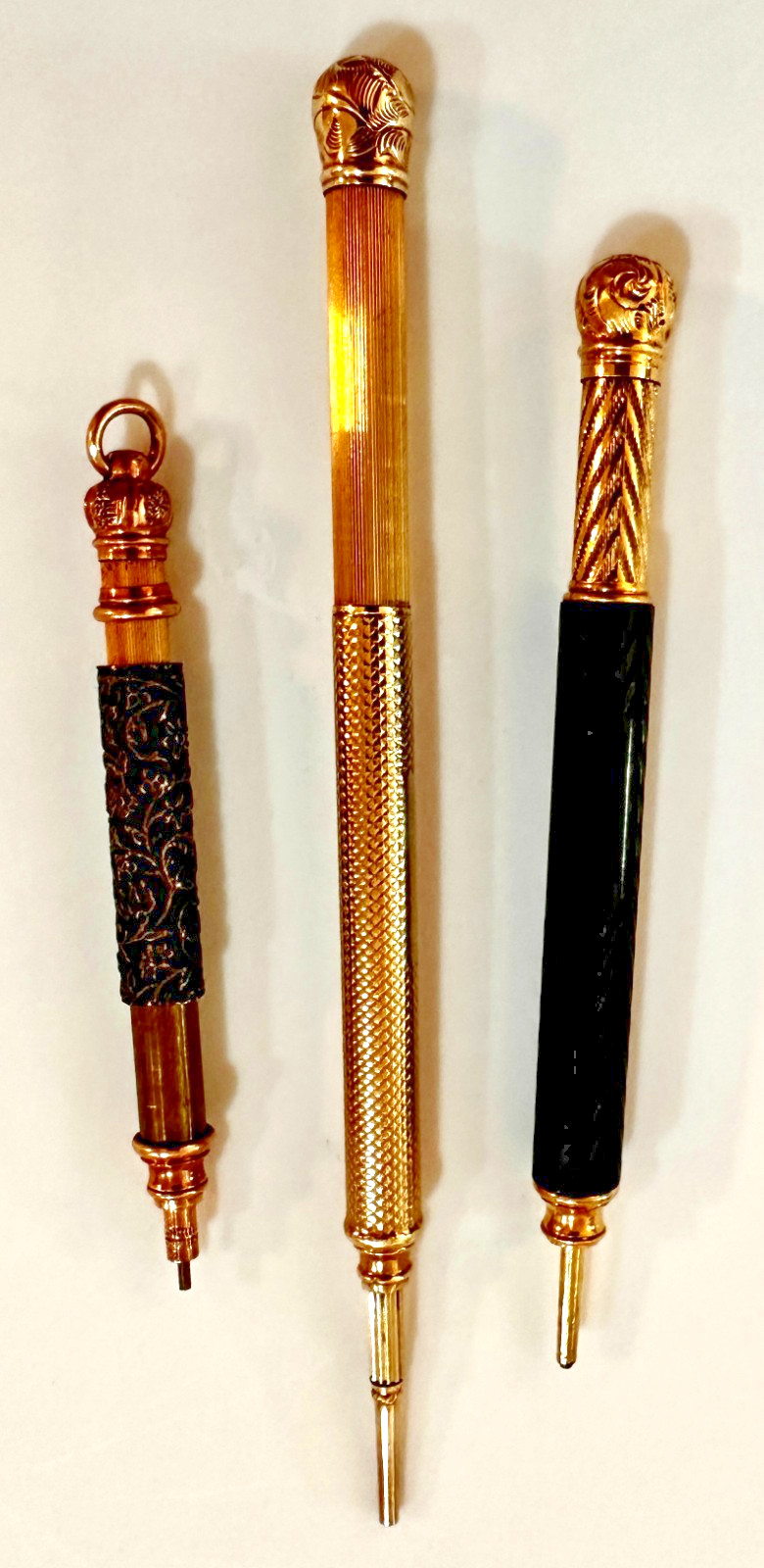 3 ANTIQUE VICTORIAN RETRACTABLE 2 MINI 9K GOLD & ONE GOLD FILL MACHANICAL PENCIL