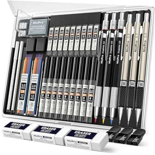 35PCS Art Mechanical Pencil Set, 3 PCS Metal Drafting Black 0.5 0.7 0.9 2.0