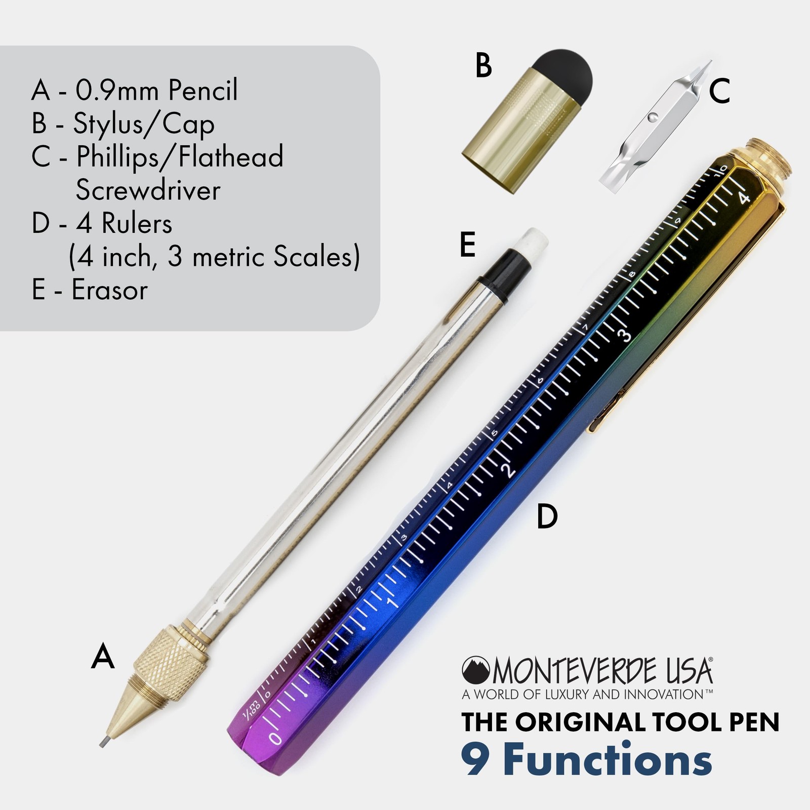 USA 9-in-1 Tool Mechanical Pencil in Rainbow – PVD-Coated Multifunctional Pen…