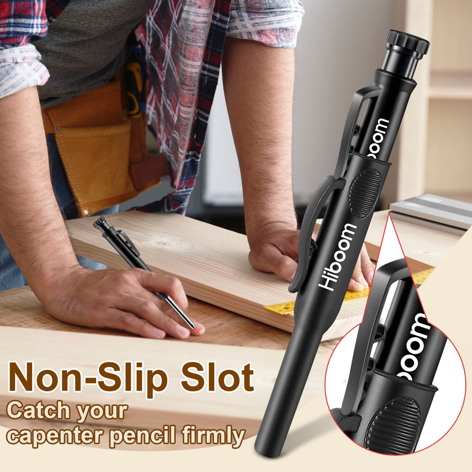 Hiboom 2 Pack Solid Carpenter Pencils with Pencil Cap and 18 Refills, Black