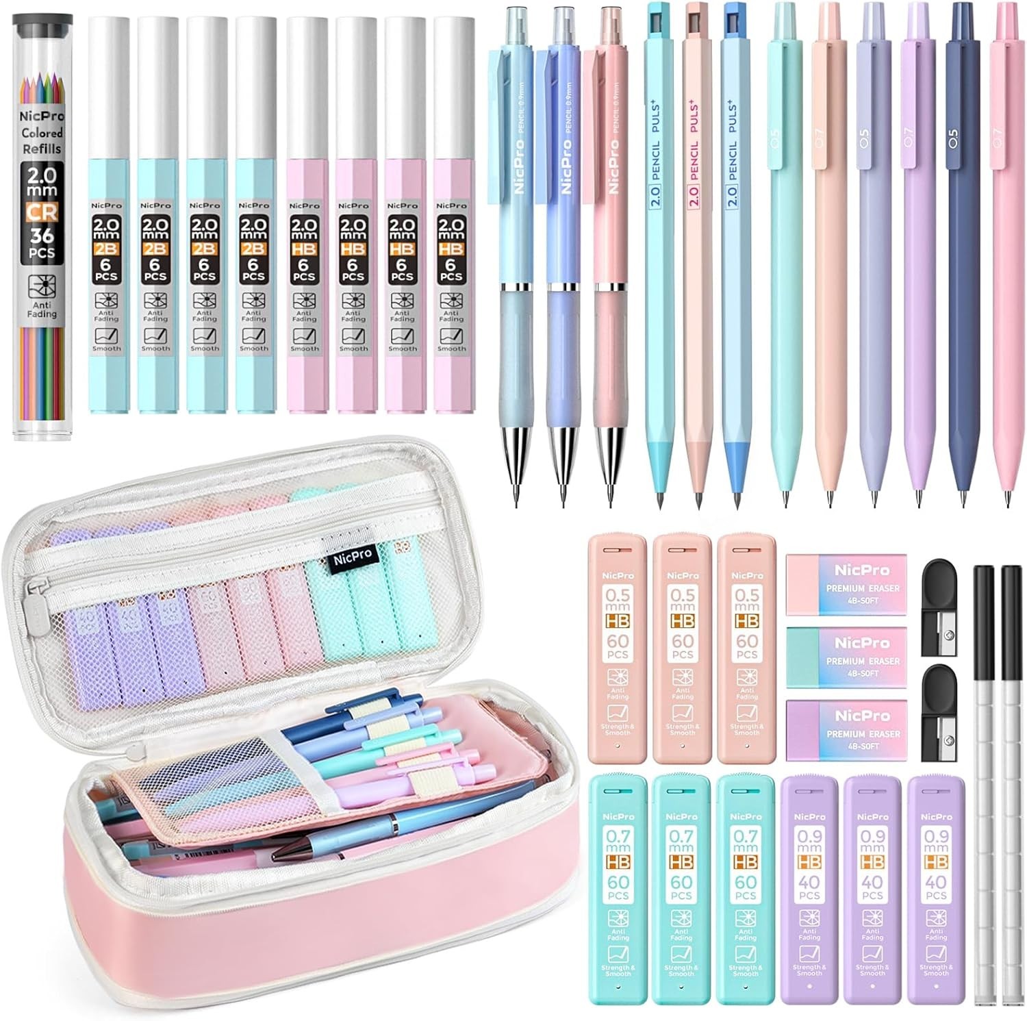38PCS Aesthetic Pastel Mechanical Pencil Set with 564 Lead Refills – Pink Case
