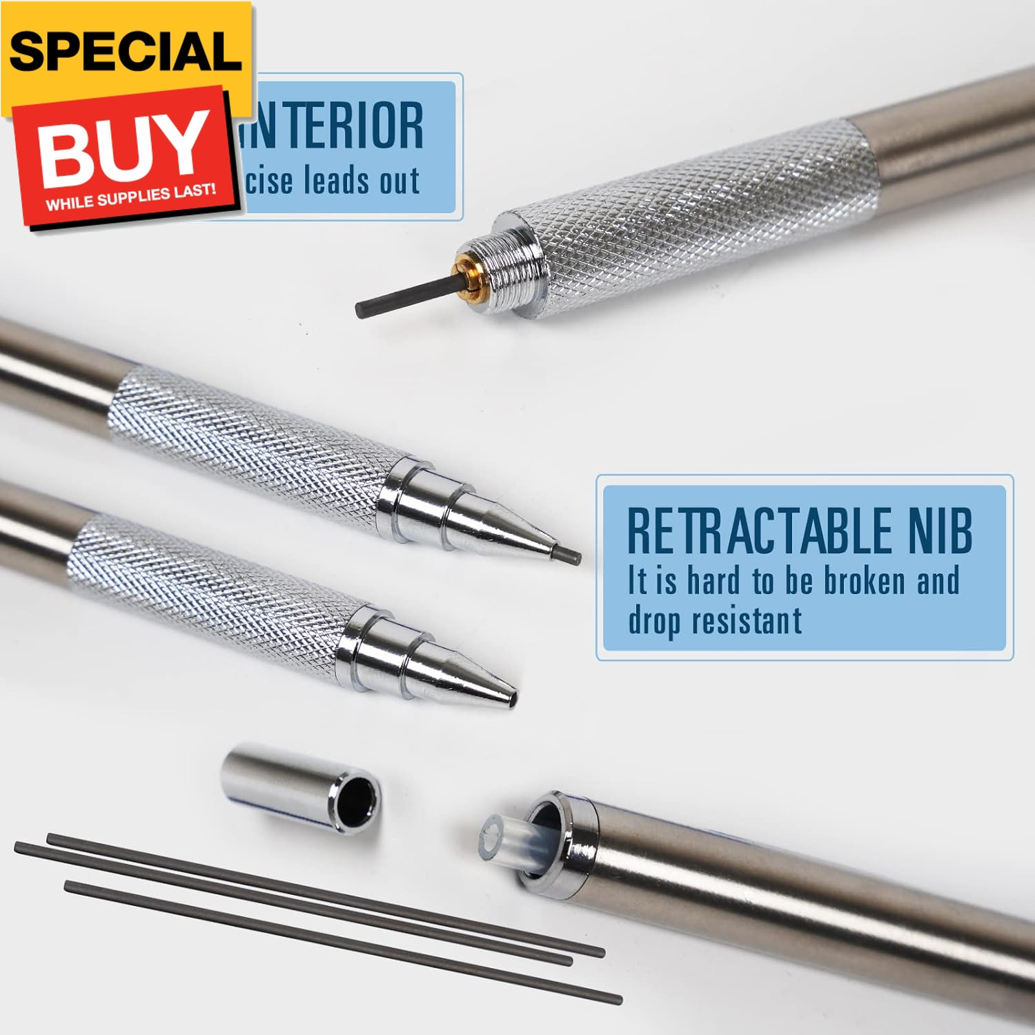 1.3 mm Mechanical Pencil Set with 4 Tubes Lead Refills,2 Eraser,1.3mm Mechanical