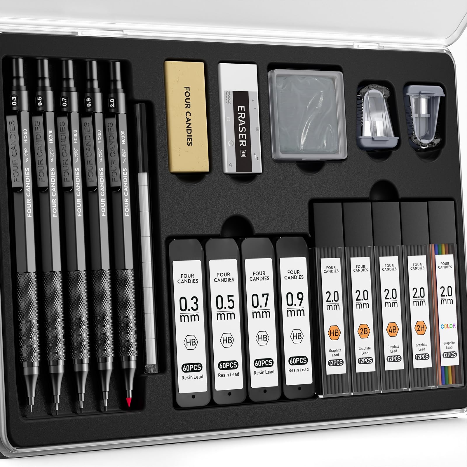 Metal Mechanical Pencil Set, 4PCS 0.3, 0.5, 0.7, 0.9MM Mechanical Pencils & 2…