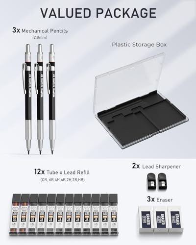 2mm Metal Mechanical Pencil Set with Case, 3PCS Lead Pencil Holder 2.0 3 Pack