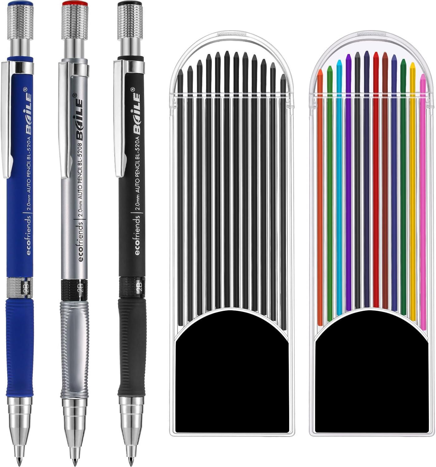 Portaminas De 3 Piezas De 2,0 Mm Con 2 Estuches, Color Y Negro