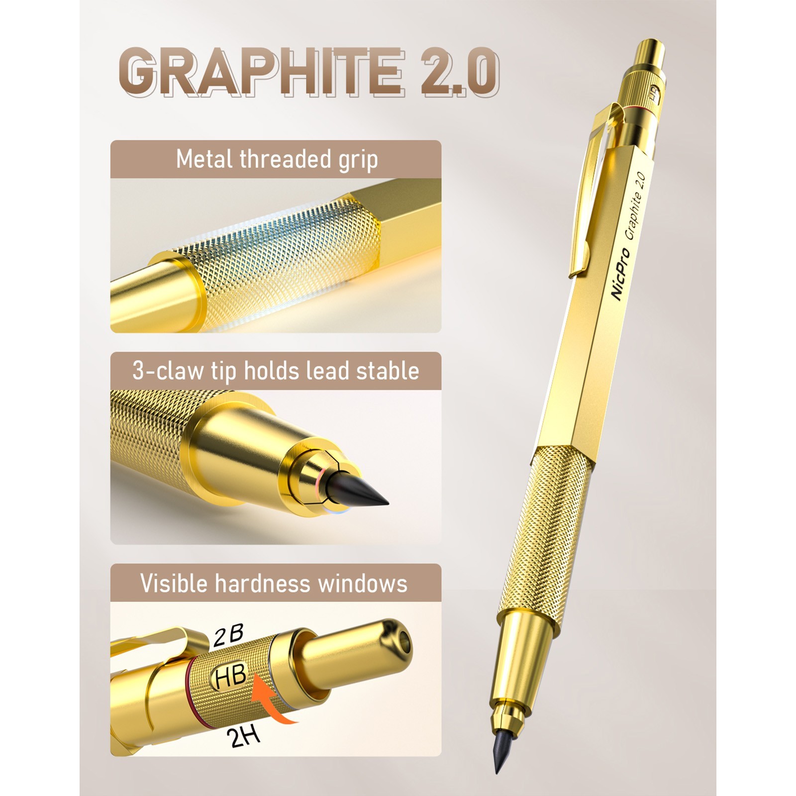 Nicpro 35PCS Gold Pencil Set: 0.5/0.7/0.9mm + 2mm Holders (6B-6H) + Case