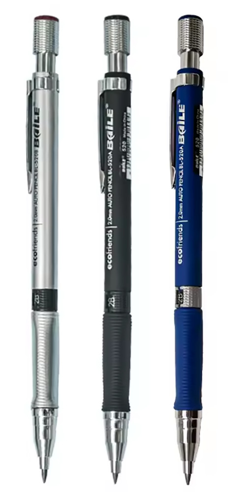 Three 2.0mm Lead Holder Mechanical Pencils & 24 color refills, Sharpener in Cap