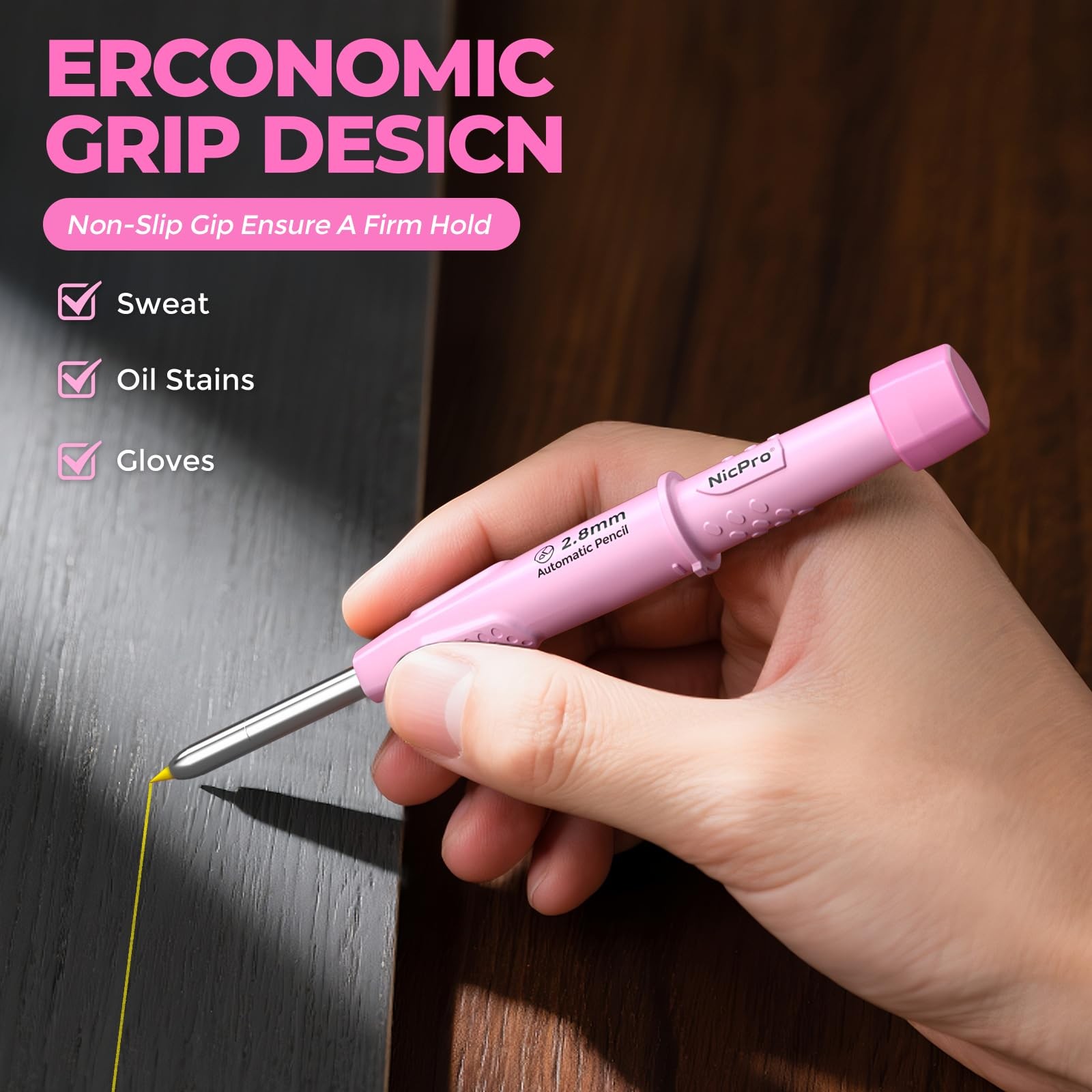Nicpro CP3000 Carpenter Pencil with Sharpener, Construction Mechanical Pink