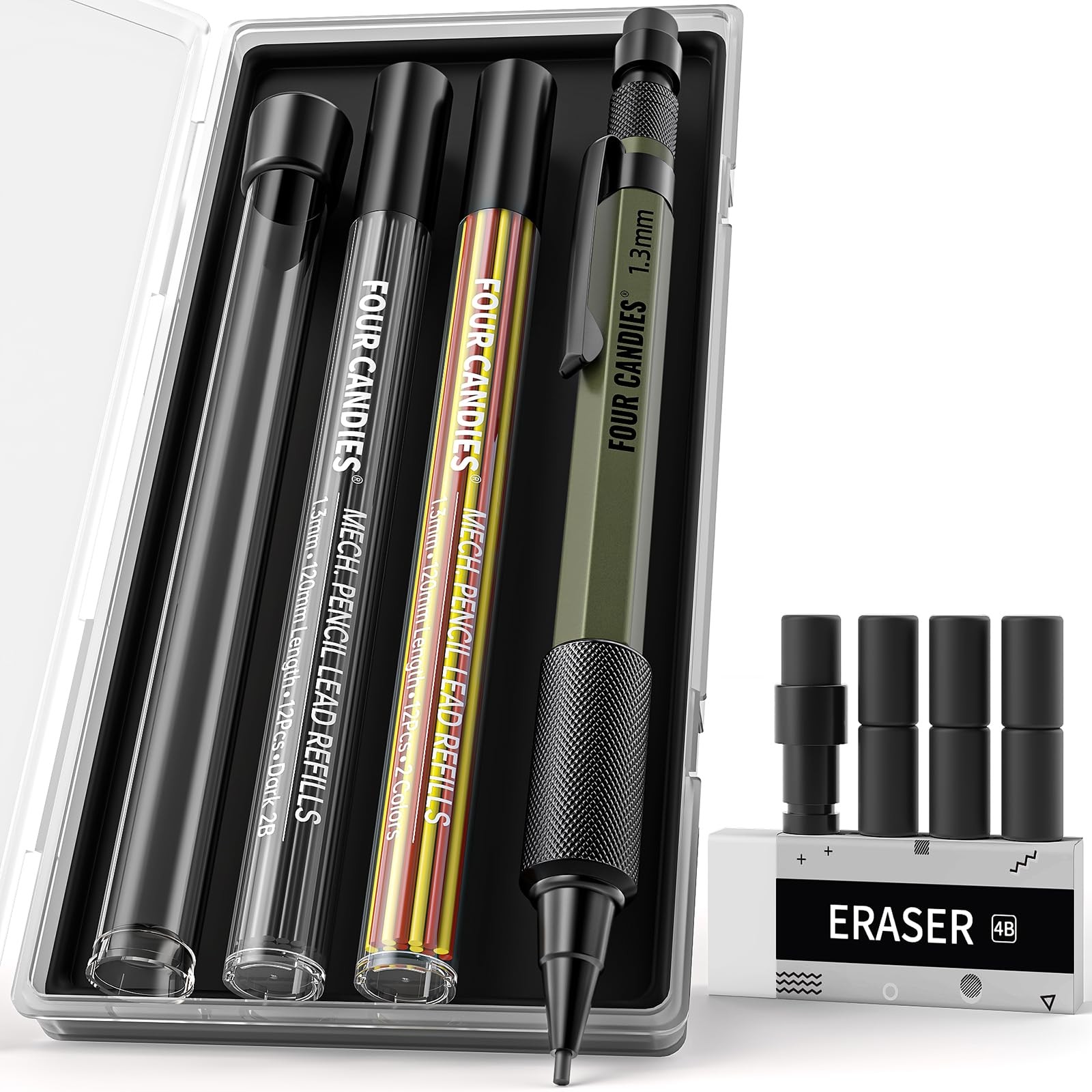 Four Candies 1.3mm Mechanical Pencil Set with 24 Lead Refills, 1-Pack, Green