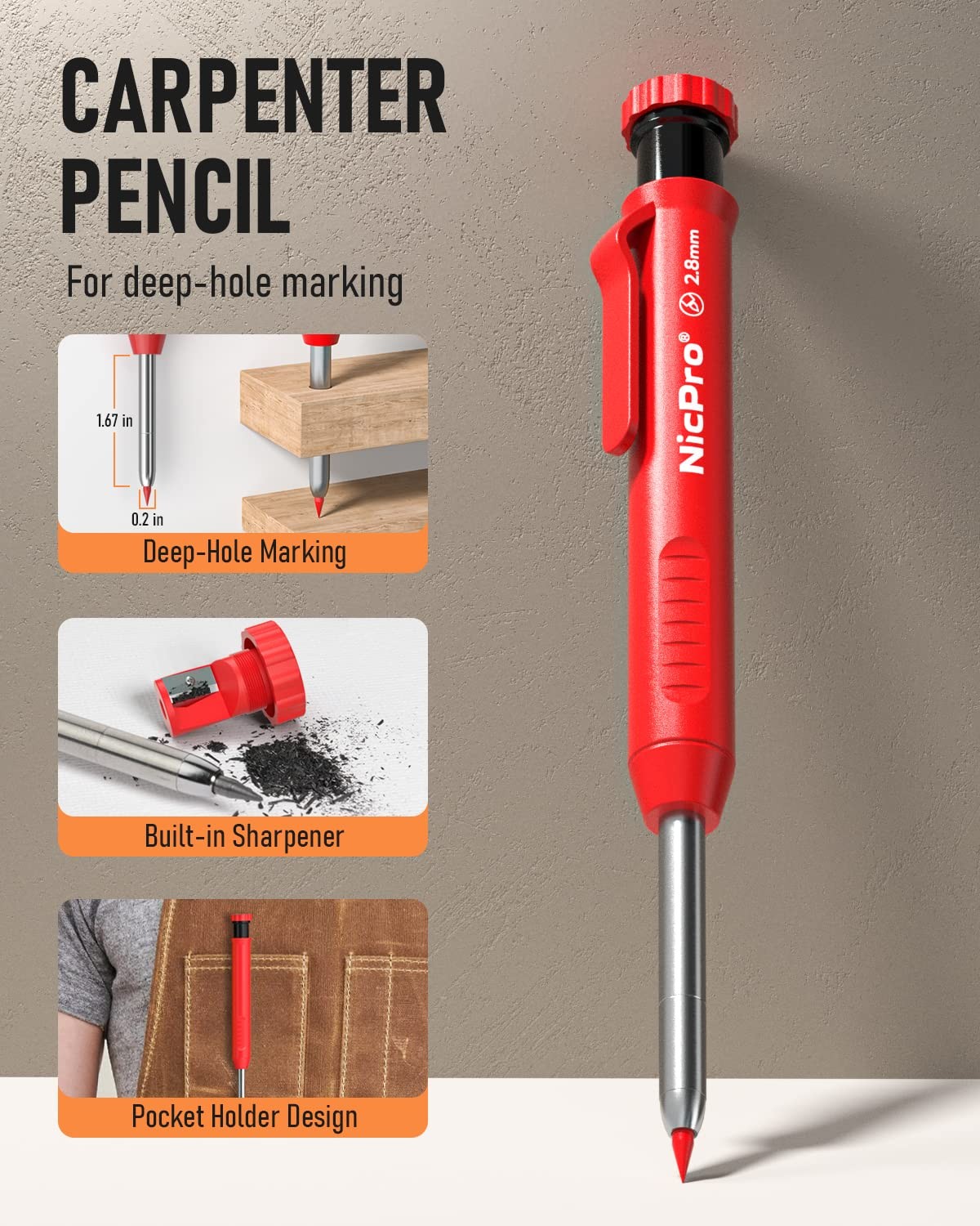 Nicpro 1 Pack Carpenter Pencil with Sharpener, 2.8 1 Count (Pack of 1), Red