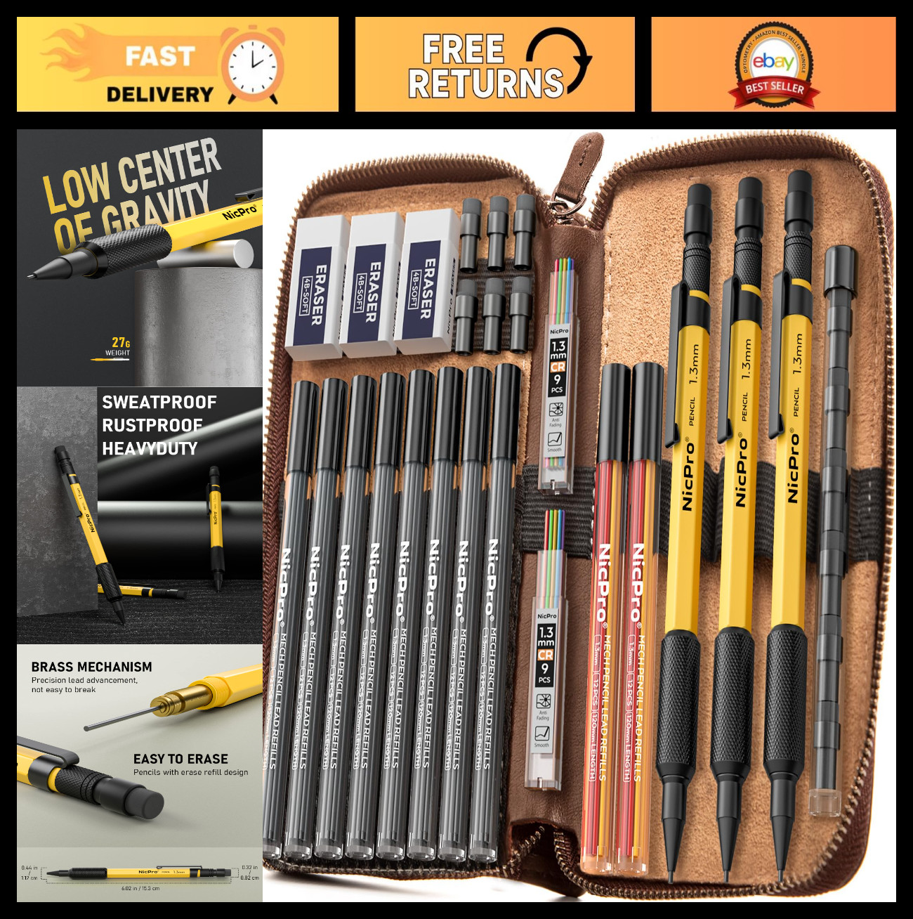 21PCS Mechanical Pencil Set with Leather Case, 138 Leads, 3 Erasers, Heavy Duty