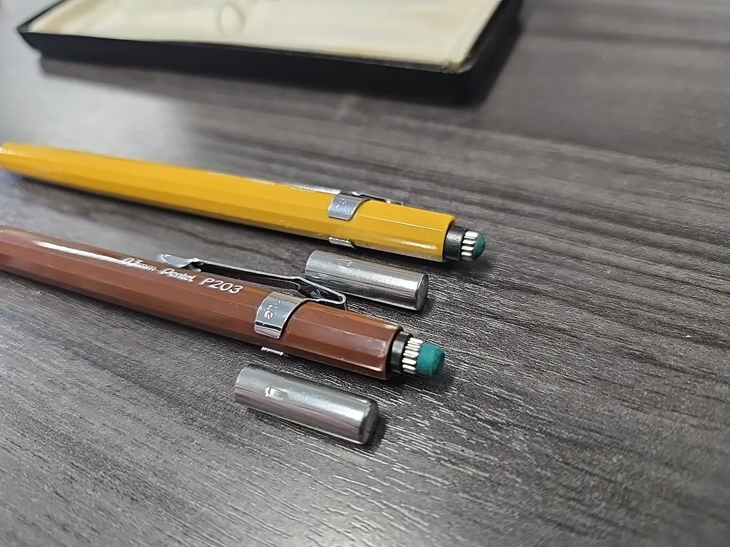 2 Vintage Pentel Mechanical Pencils P203 0.3mm Brown & P209 0.9mm Yellow & Case
