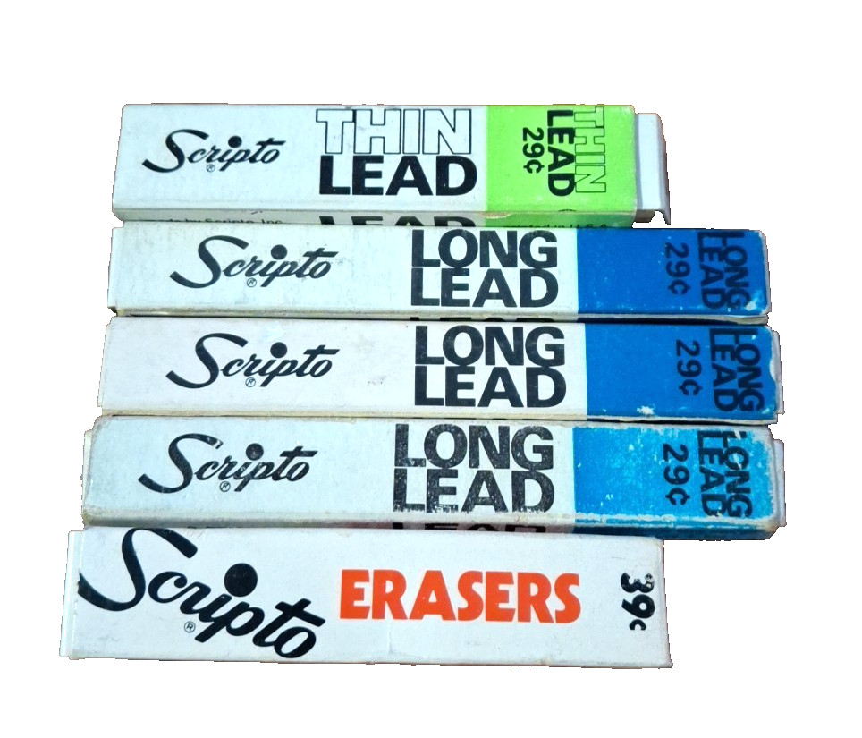 Vintage Scripto 3 Long Black Lead Boxes 430HB 1 Thin Lead 840HB and Erasers
