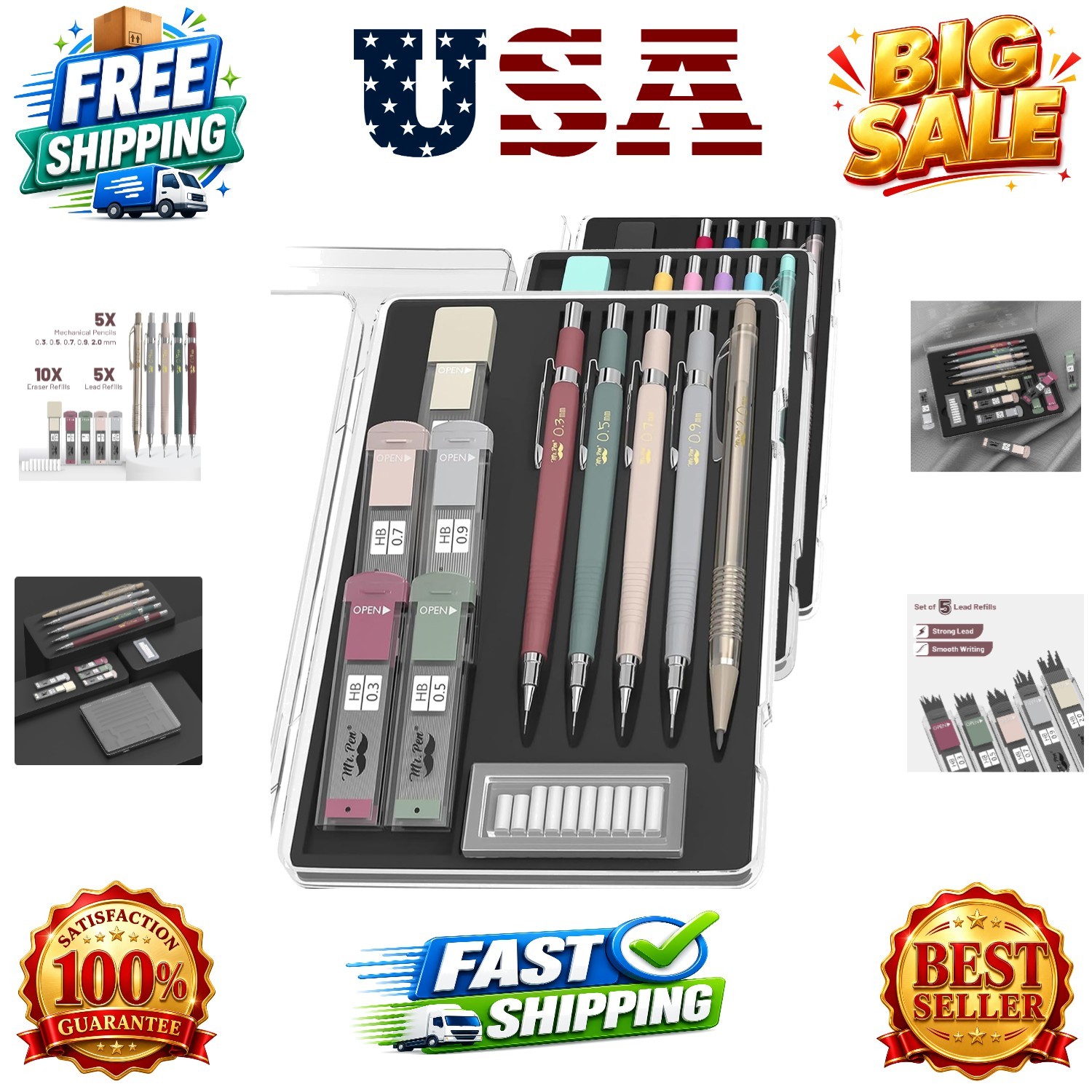 Art Mechanical Pencil Set, 5 Sizes 0.3, 0.5, 0.7, 0.9, 2.0mm | 5 HB Lead Refi…