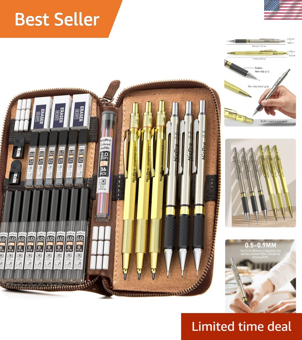 Gold Metal Drafting Pencils with 30 Refills in Genuine Leather Case for Drawing