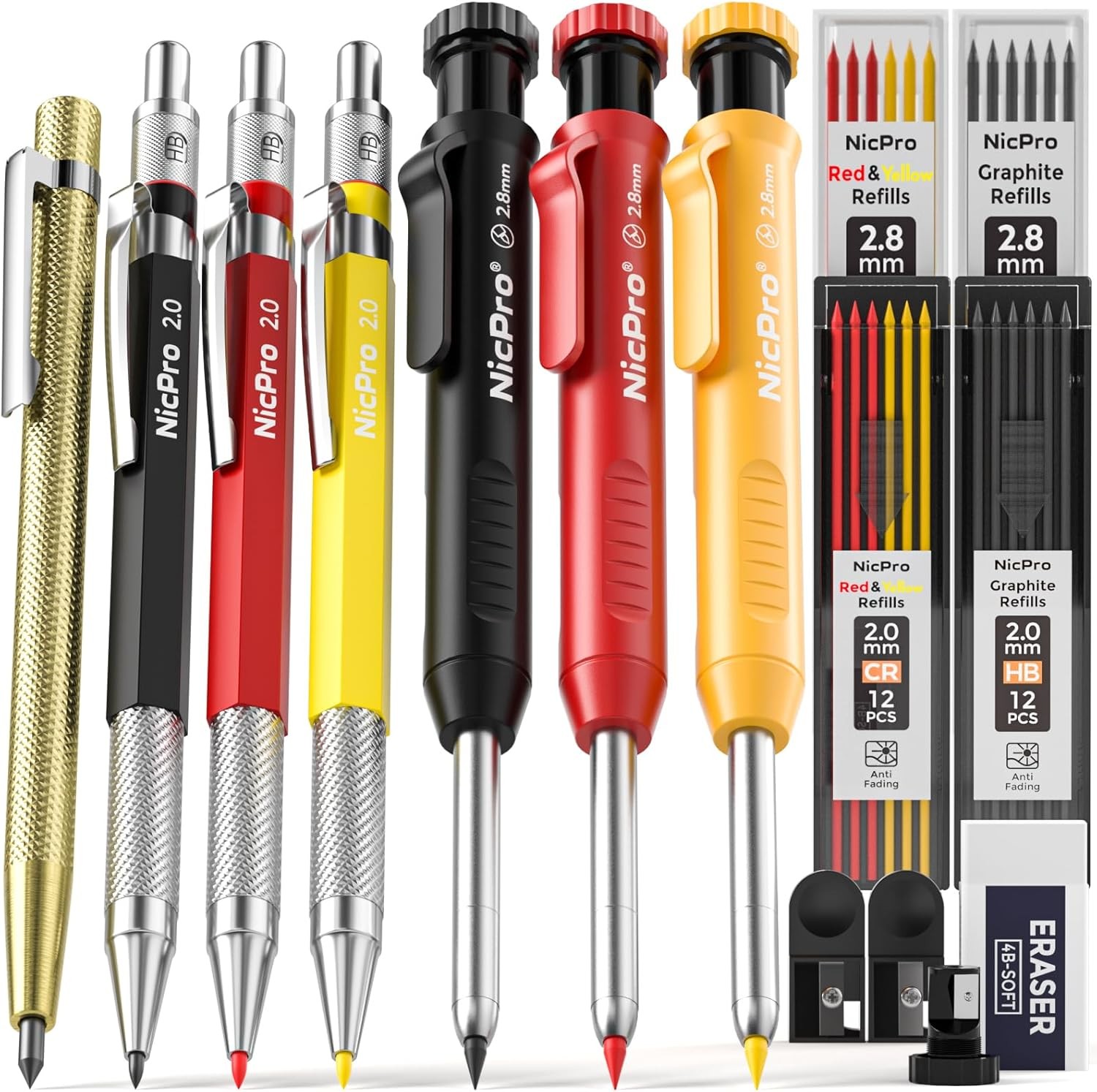 Nicpro 16 Pack Mechanical Carpenter Pencil Set with 42 Refill & Carbide Scribe T