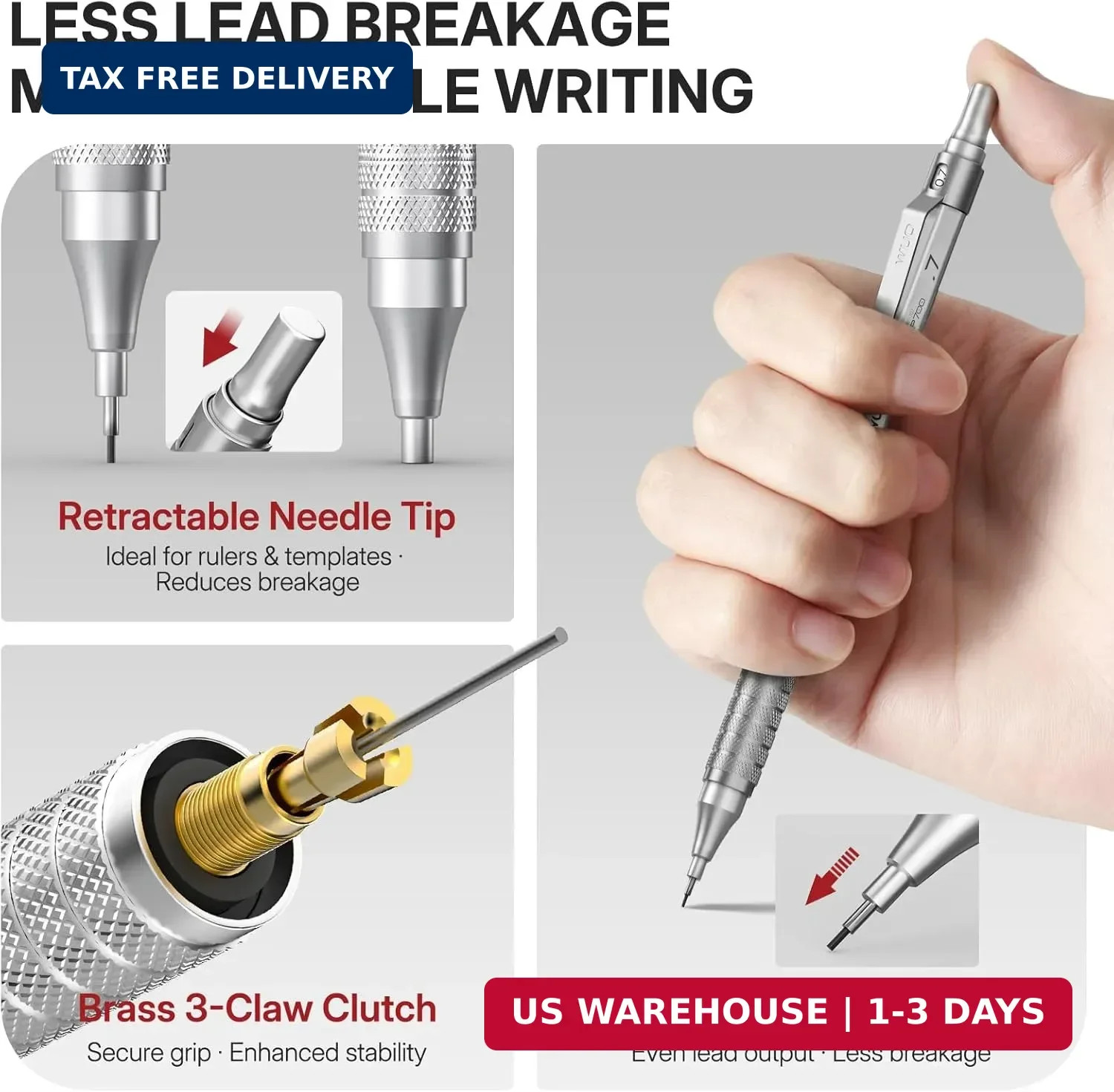 WUO Mechanical Pencils 0.7mm, 3 Silver Metal Drafting Pencils with 480 HB Lead R