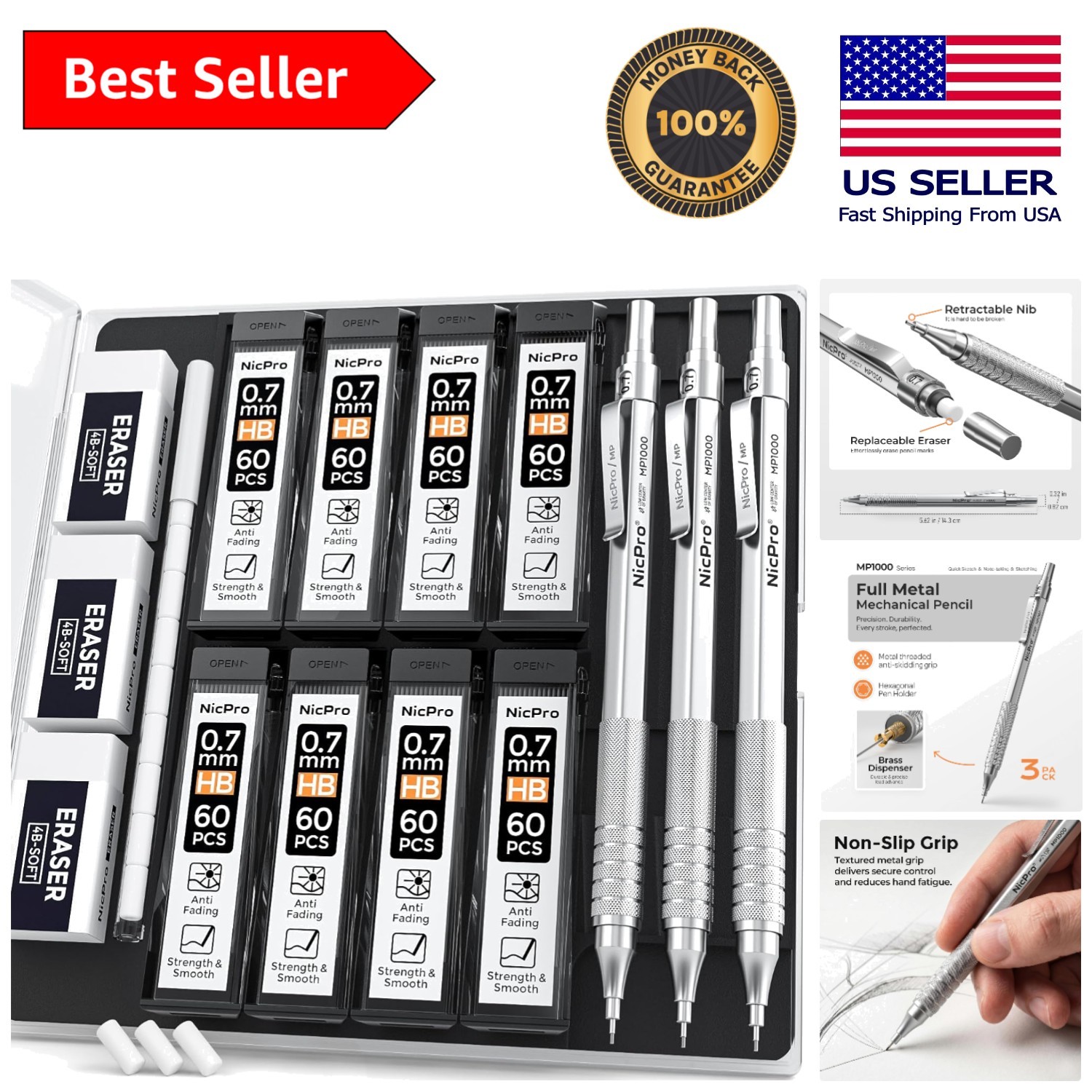 MP1000 Mechanical Pencils with Durable Brass Lead & Comfort Grip for Artists