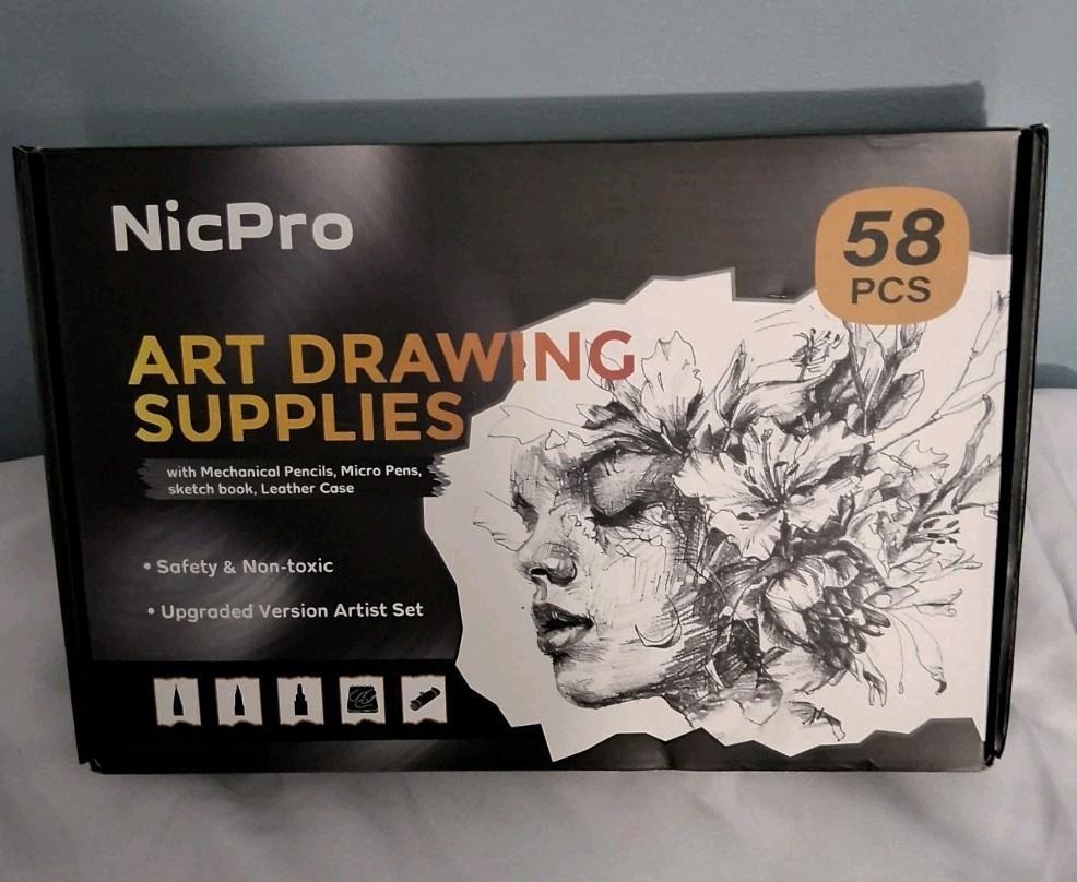 Nicpro 58 PCS Art Drawing Supplies Kit Leather Case Mechanical Black BRAND NEW