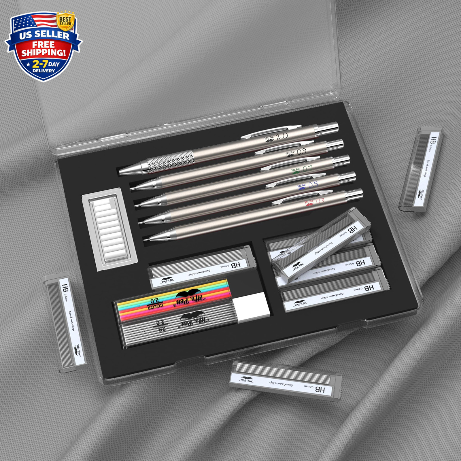 – Metal Mechanical Pencil Set with Lead and Eraser Refills, 5 Sizes, 0.3, 0.5, 0