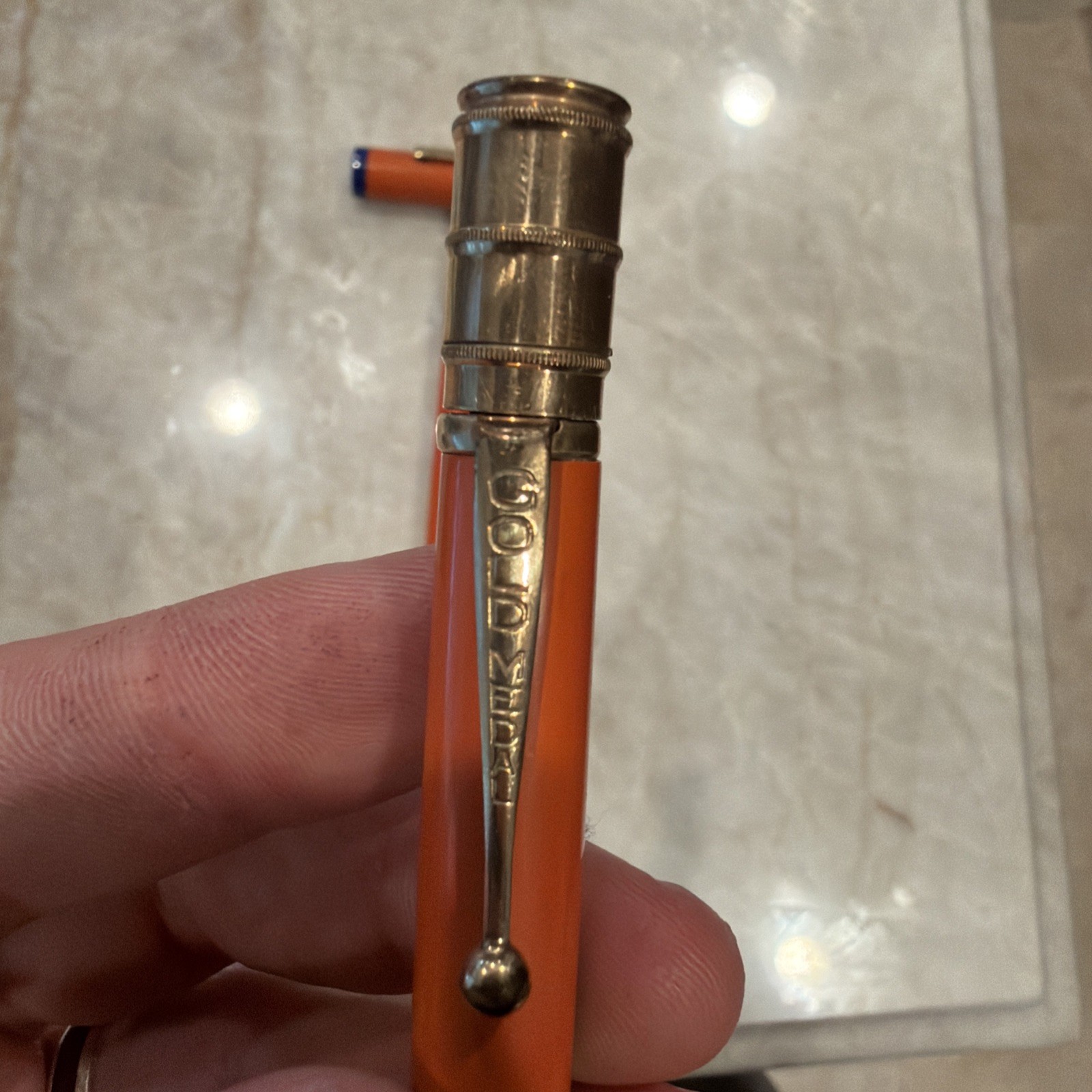 Gold Medal Vintage Red Orange Hard Rubber Pencil And Oversized Fountain Pen Set