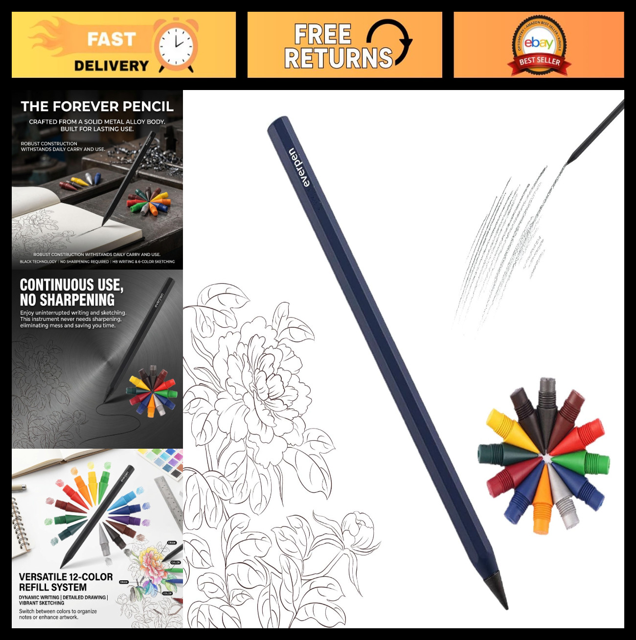 Metal Alloy Forever Pencil with 12 Colored Refill Tips – No Sharpening, Ideal fo