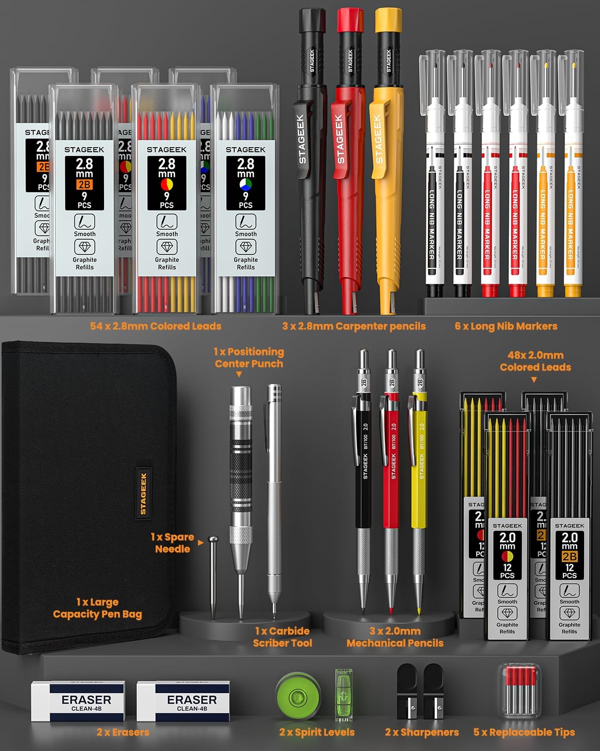 STAGEEK 38 Pack Carpenter Pencils Set With 108 Refills, Construction Pencil W…