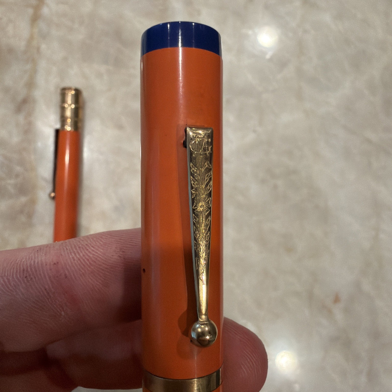 Gold Medal Vintage Red Orange Hard Rubber Pencil And Oversized Fountain Pen Set