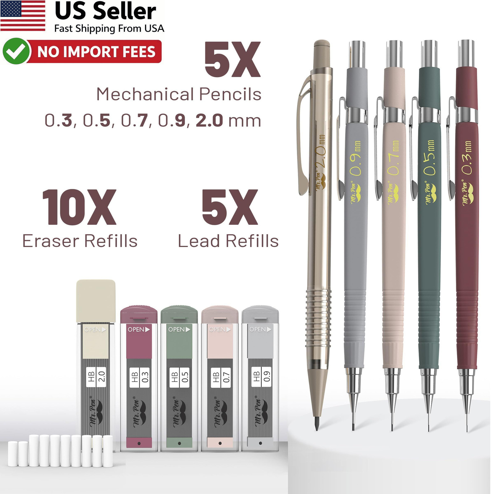 Mr Pen Art Mechanical Pencil Set 5 Sizes HB Lead Refills Drawing Sketch FROM USA