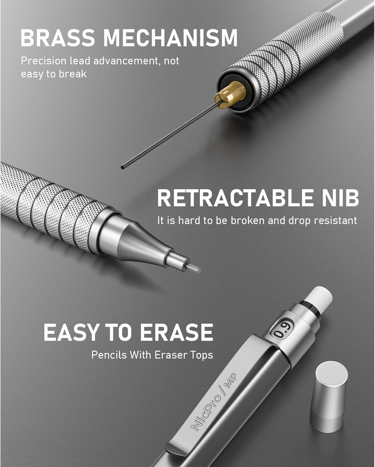 Nicpro 0.9 mm Metal Mechanical Pencil Set with Case, 3PCS MM, Silver