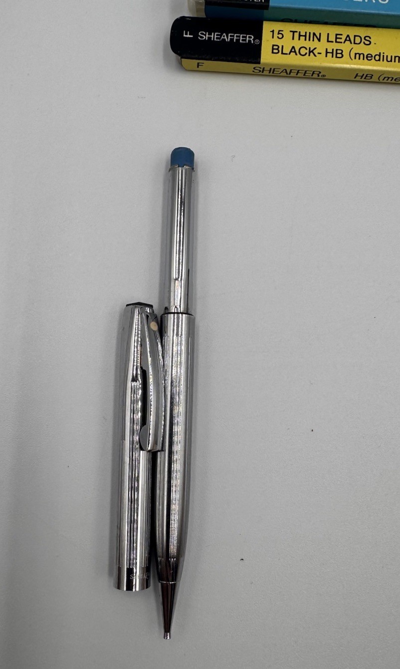 VTG Sheaffer Mechanical Pencil Ribbed Chrome White Dot W/Erasers & Lead Refills