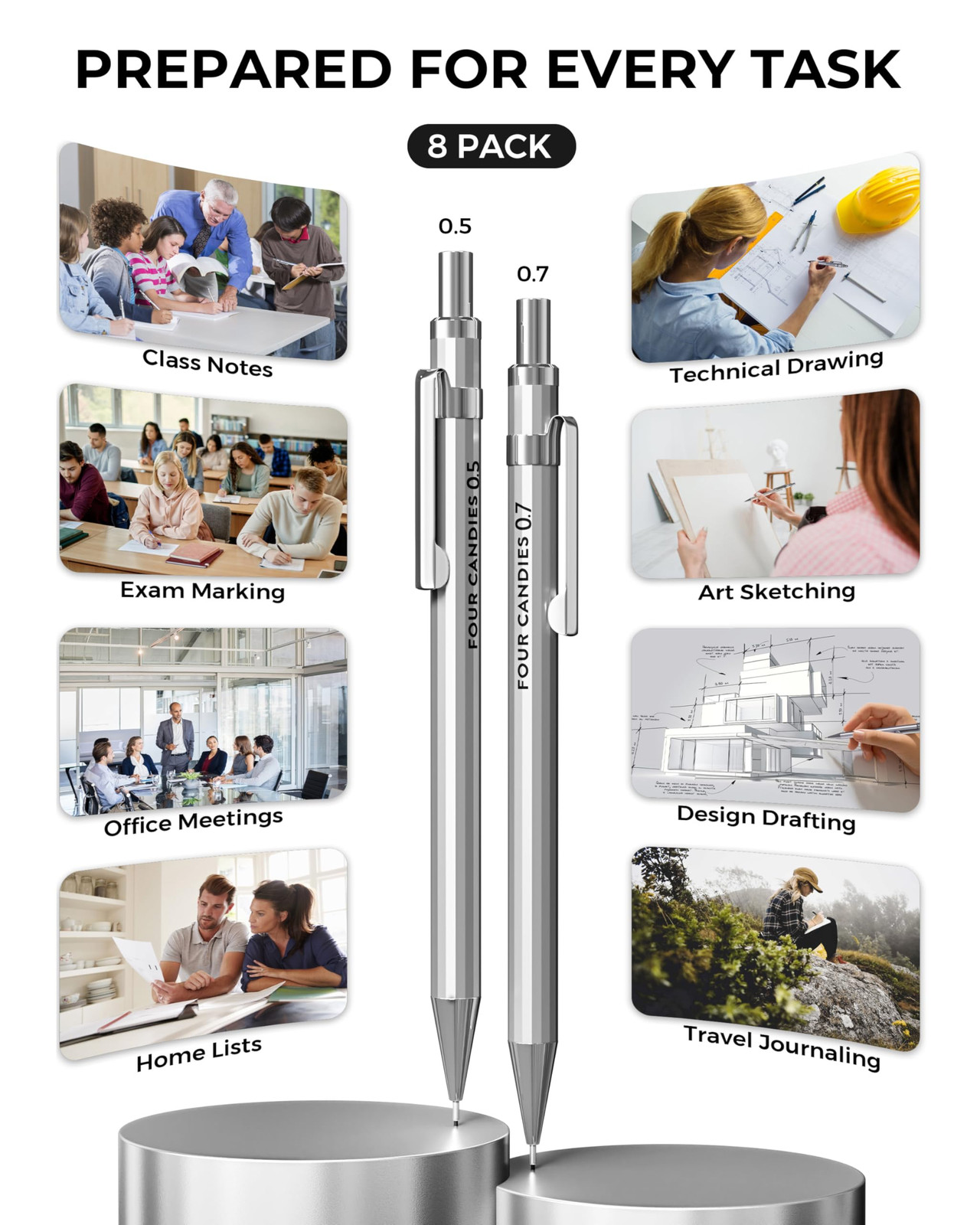 8PCS Metal Mechanical Pencils – 0.5 & 0.7mm with 8 Tubes HB #2 Lead Refills, …