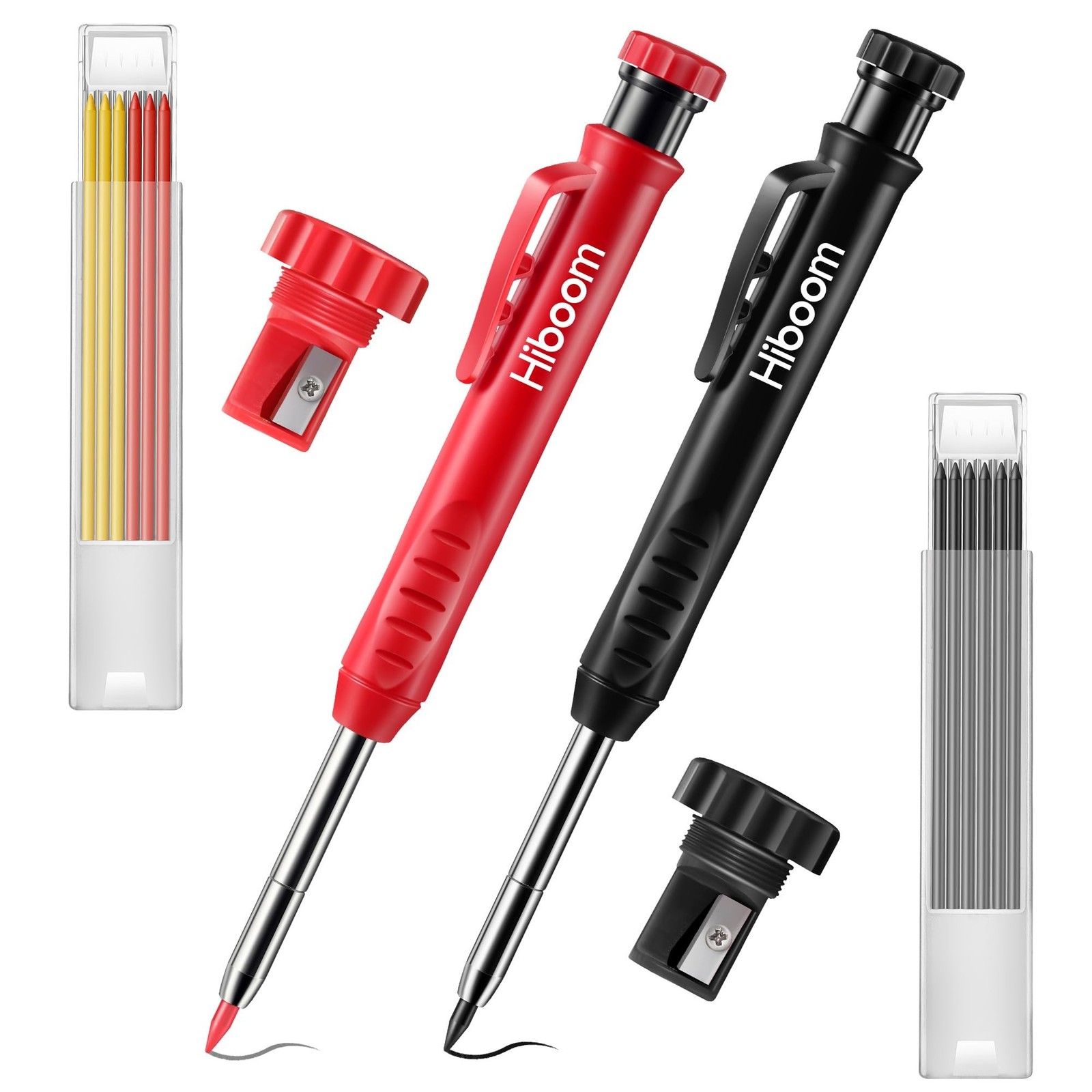 Hiboom 2 Pack Solid Carpenter Pencil with 14 Refill Long Nosed Deep Hole
