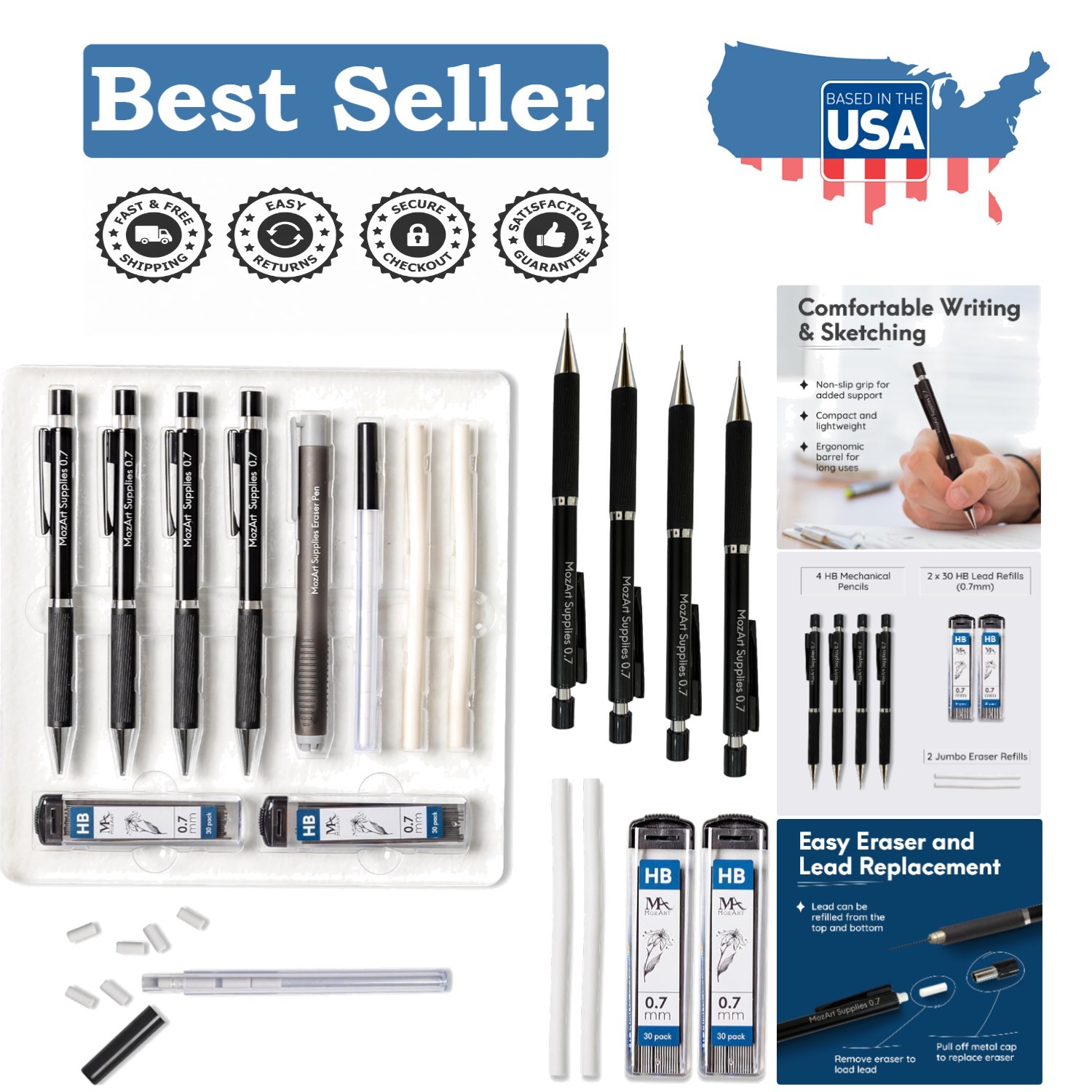 MozArt 0.7mm Mechanical Pencil Set – Elegant Case with 60 HB Refills Included
