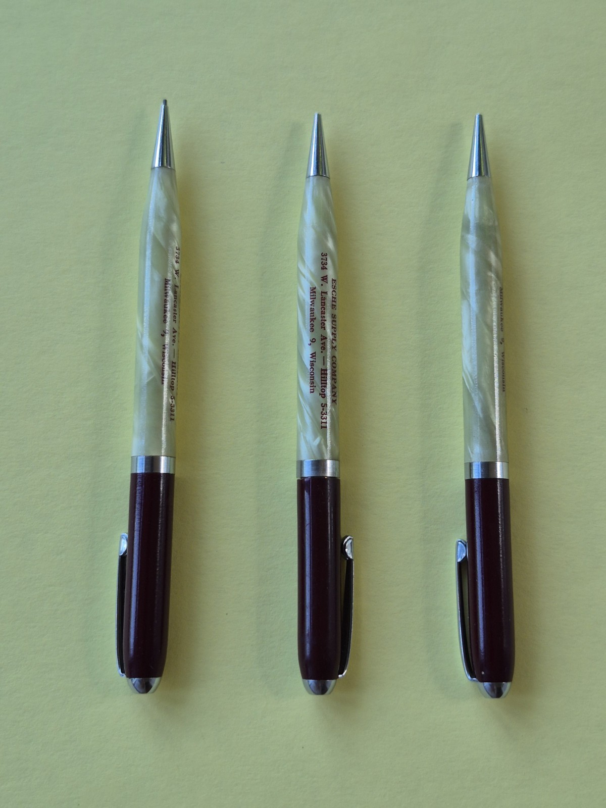 Three Osborne Mechanical Pencils, Milwaukee Advertising, Pearlescent w Maroon