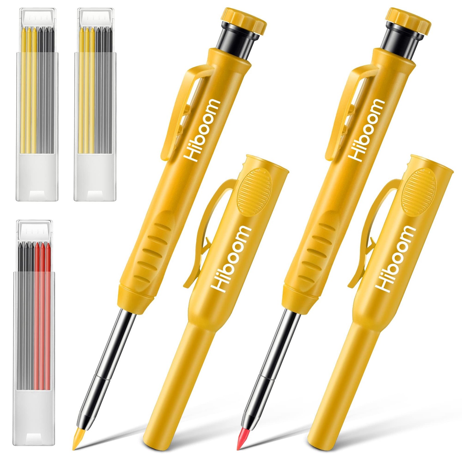 Hiboom 2 Pack Solid Carpenter Pencils with Pencil Cap and 18 Refills, Yellow