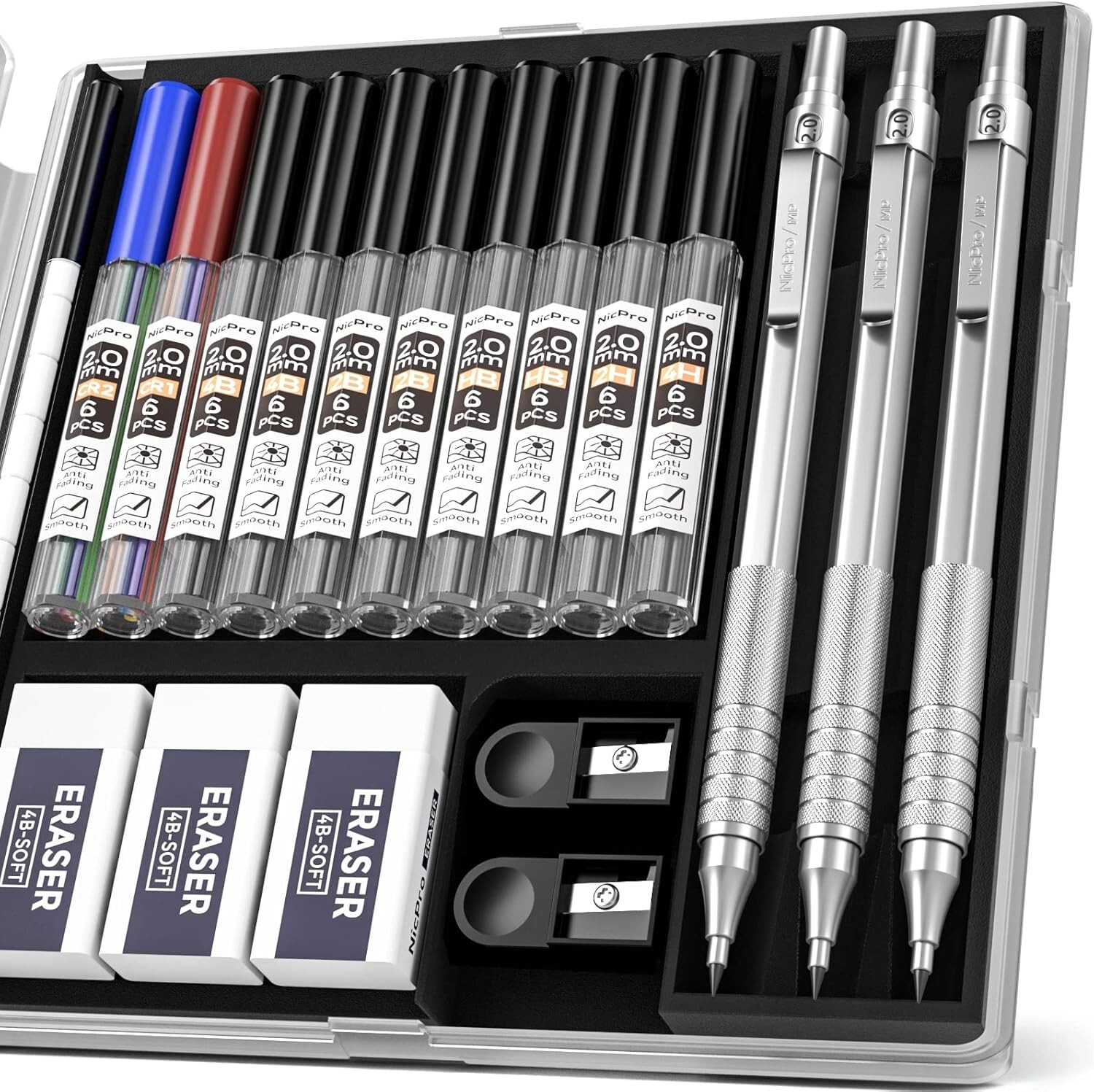Durable Metal Mechanical Pencil Set for Artists with 10 Refill Leads & Case