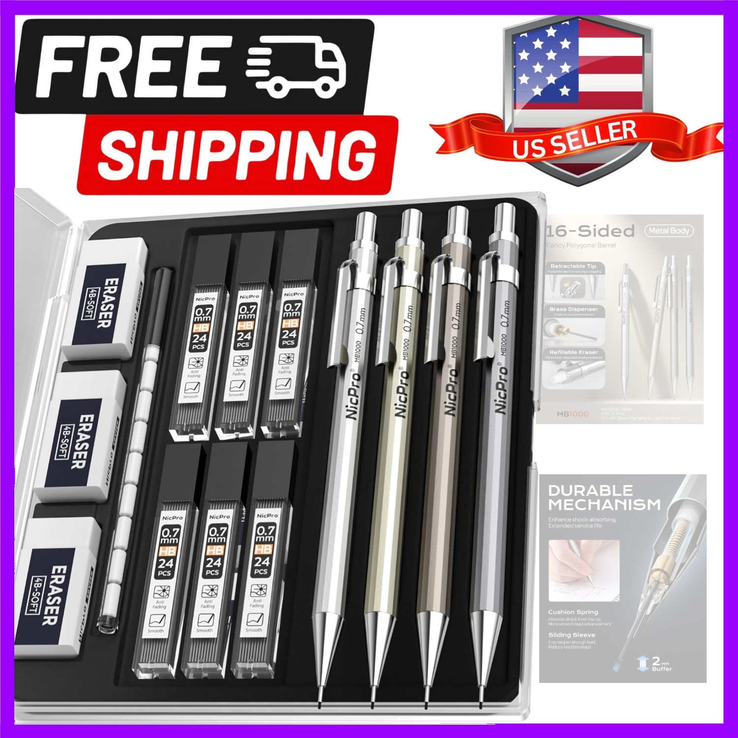 4 Pack Mechanical Pencil 0.7mm with Case, MB1000 Metal Mechanical Pencil Set …