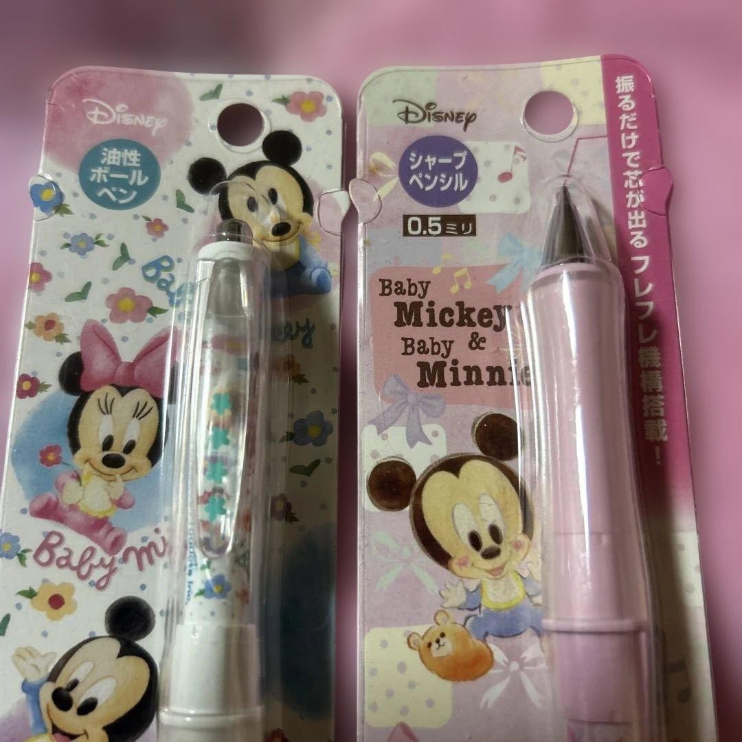 Rare Disney Baby Mickey Minnie Doctor Grip Mechanical Pencil & Ballpoint Pen