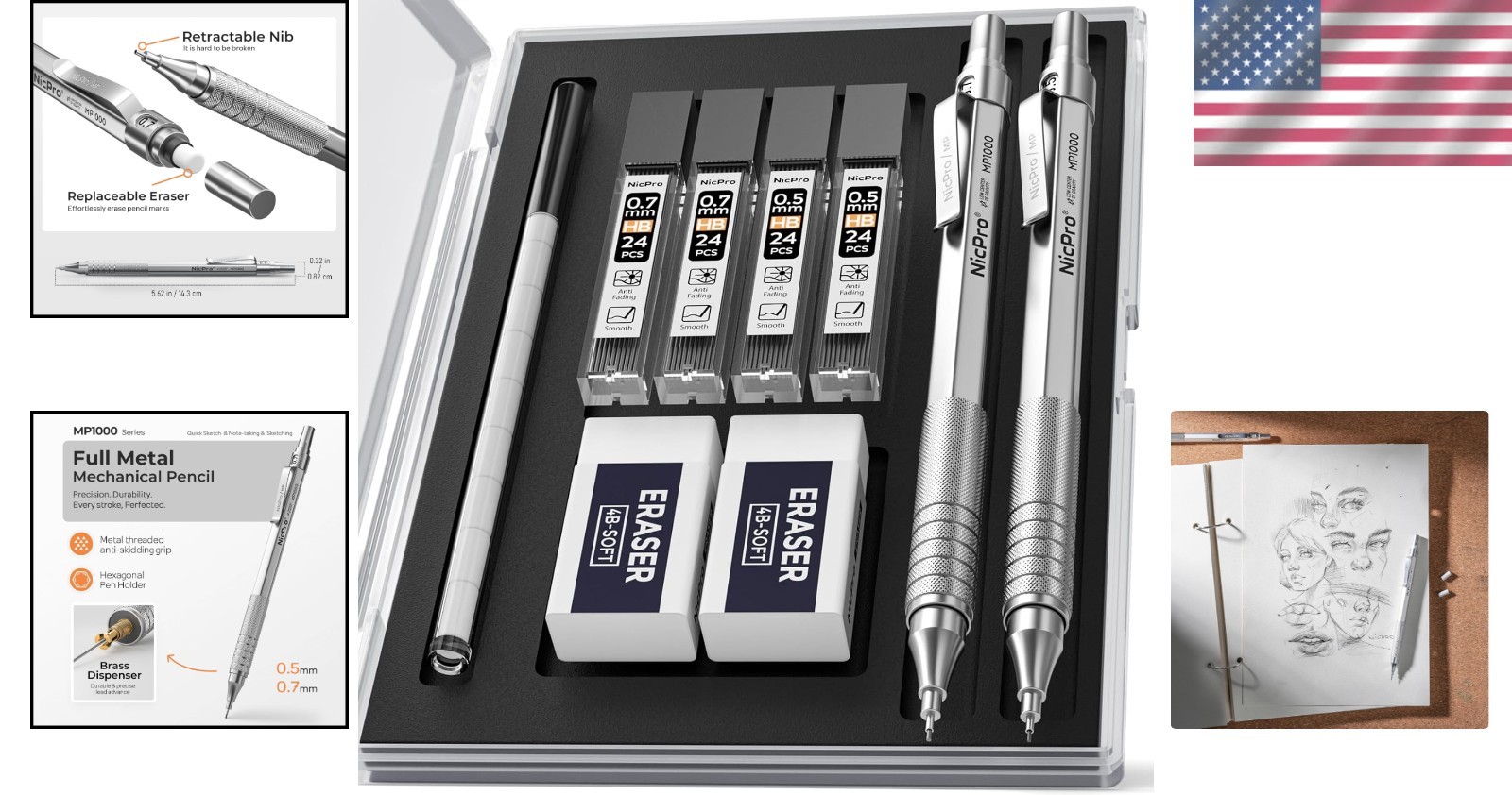 2 PCS Mechanical Pencils with HB Lead Refills & Erasers – Silver Finish