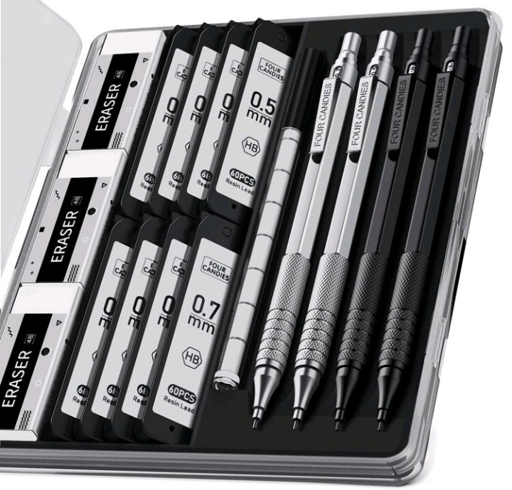 4PCS Metal Mechanical Pencils Set with Case, 0.5mm & 0.7 mm Artist Pencil with 8