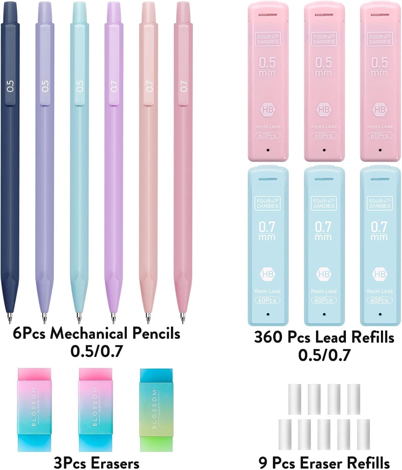 Pastel 6PCS Mechanical Pencils with 360HB Leads & Erasers – Writing Essentials